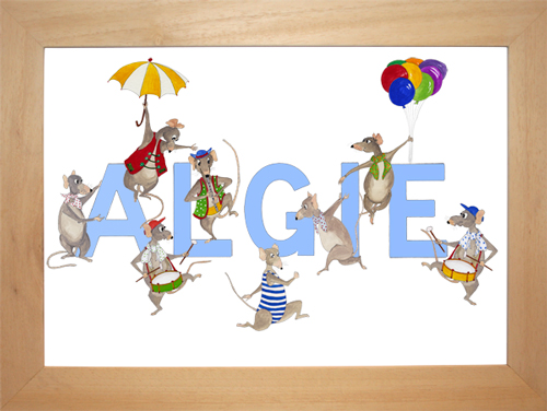 Name picture ALGIE in blue with mice 5 letters
