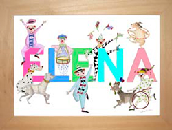 Elena with clowns and dogs