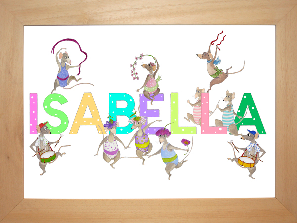 ISABELLA in multi coloured letters with white polka dots and mice