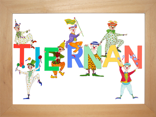 TIERNAN in multi coloured letters with clowns
